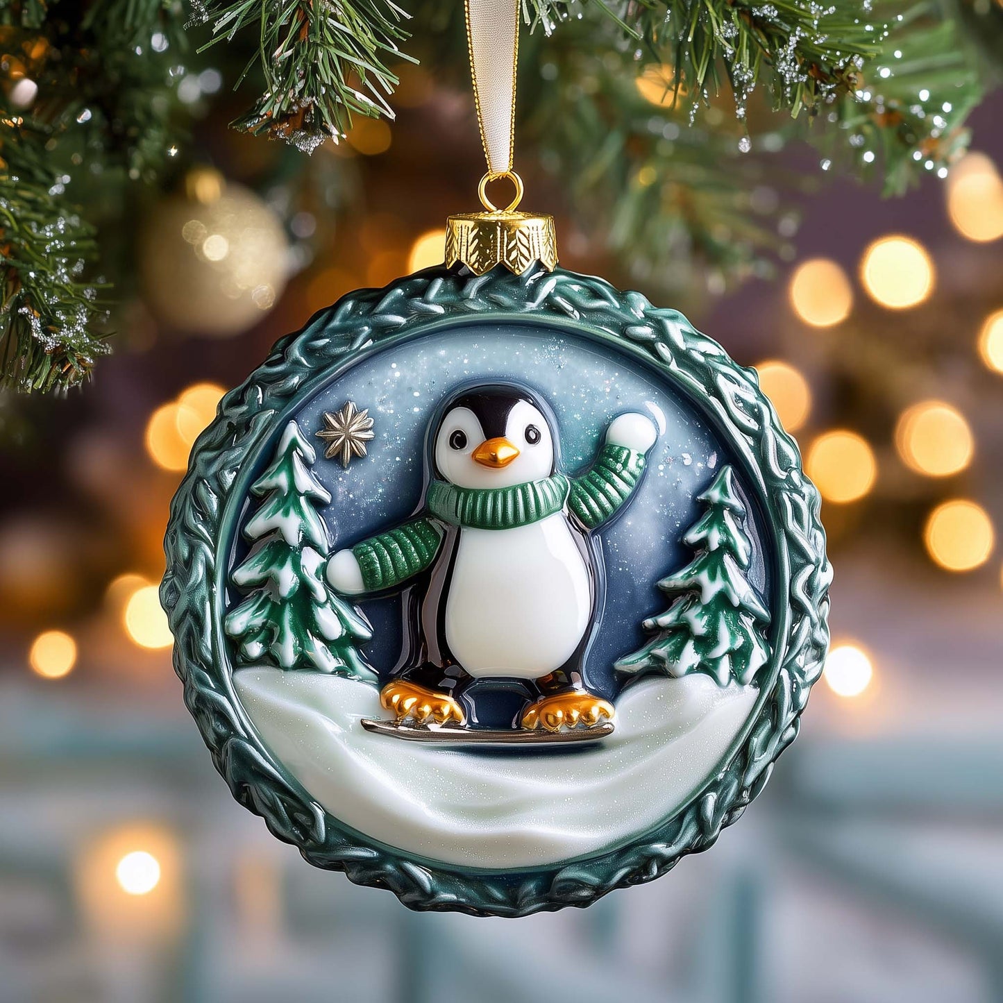 Skiing Penguin Christmas Mica Ornament GFSPQM130