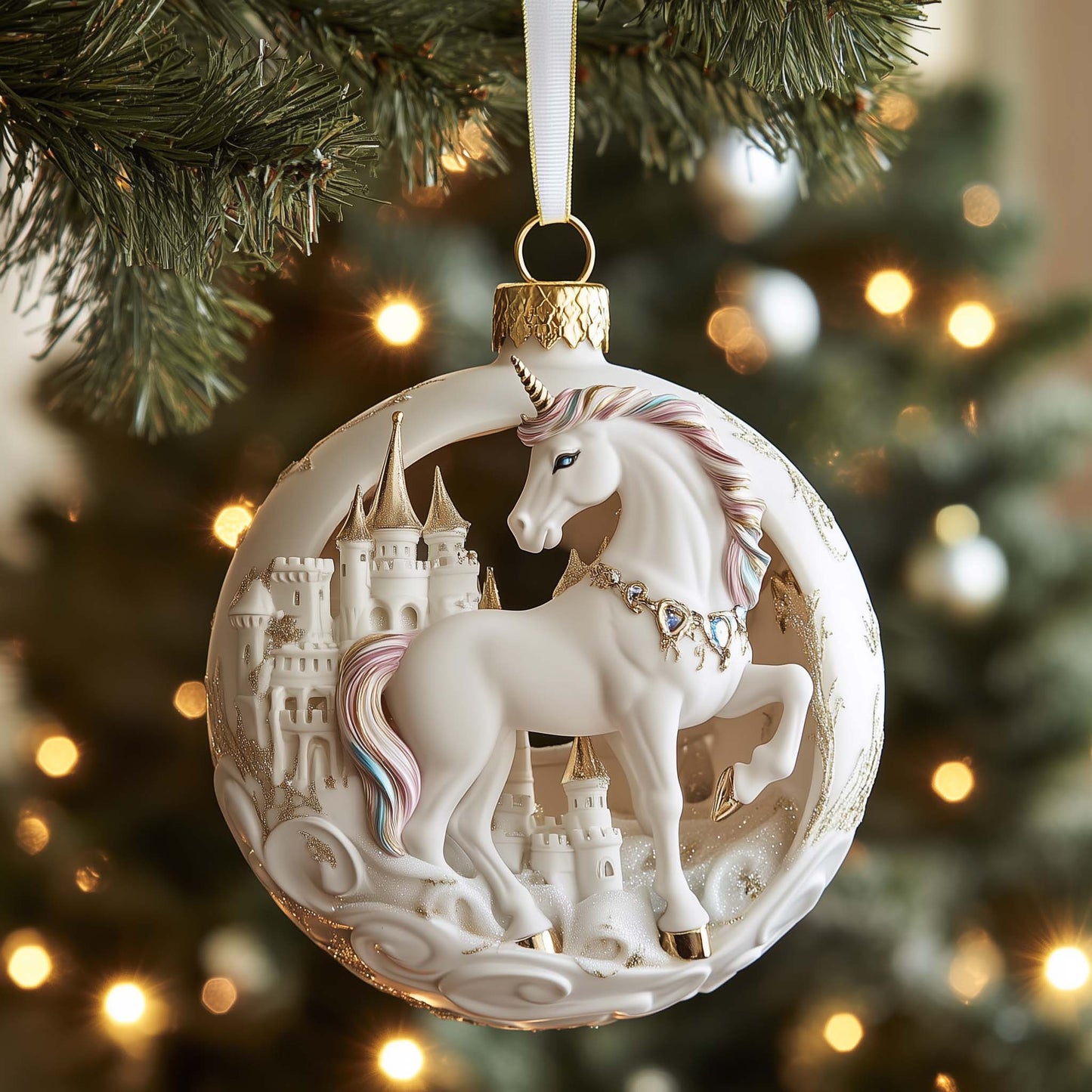 Castle Unicorn Christmas Mica Ornament GFSPQM243