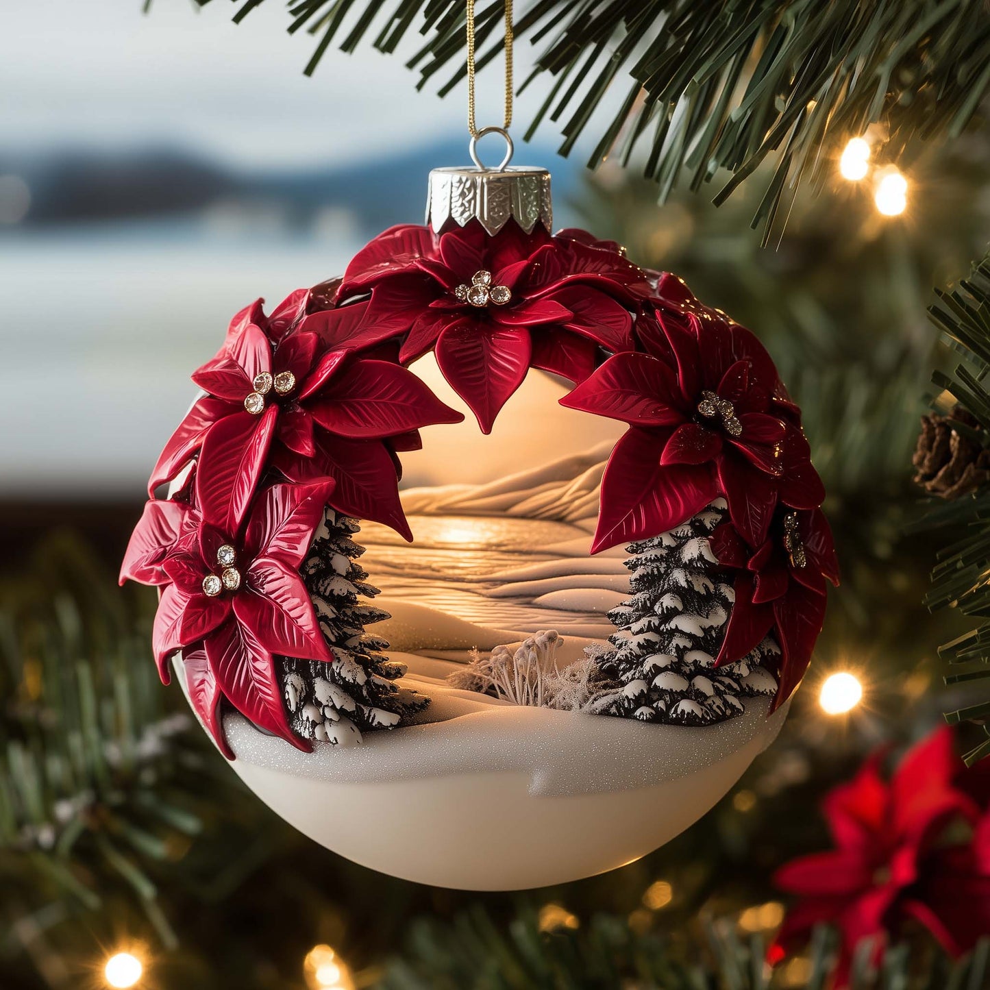 Poinsettia Scene Christmas Mica Ornament GFSPQM400