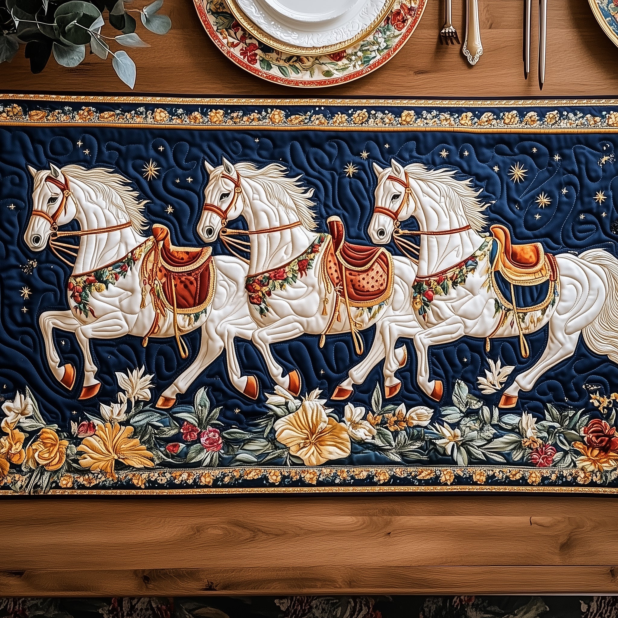 Indigo Horse Meadow Quilted Table Runner NCU0DQQ0178