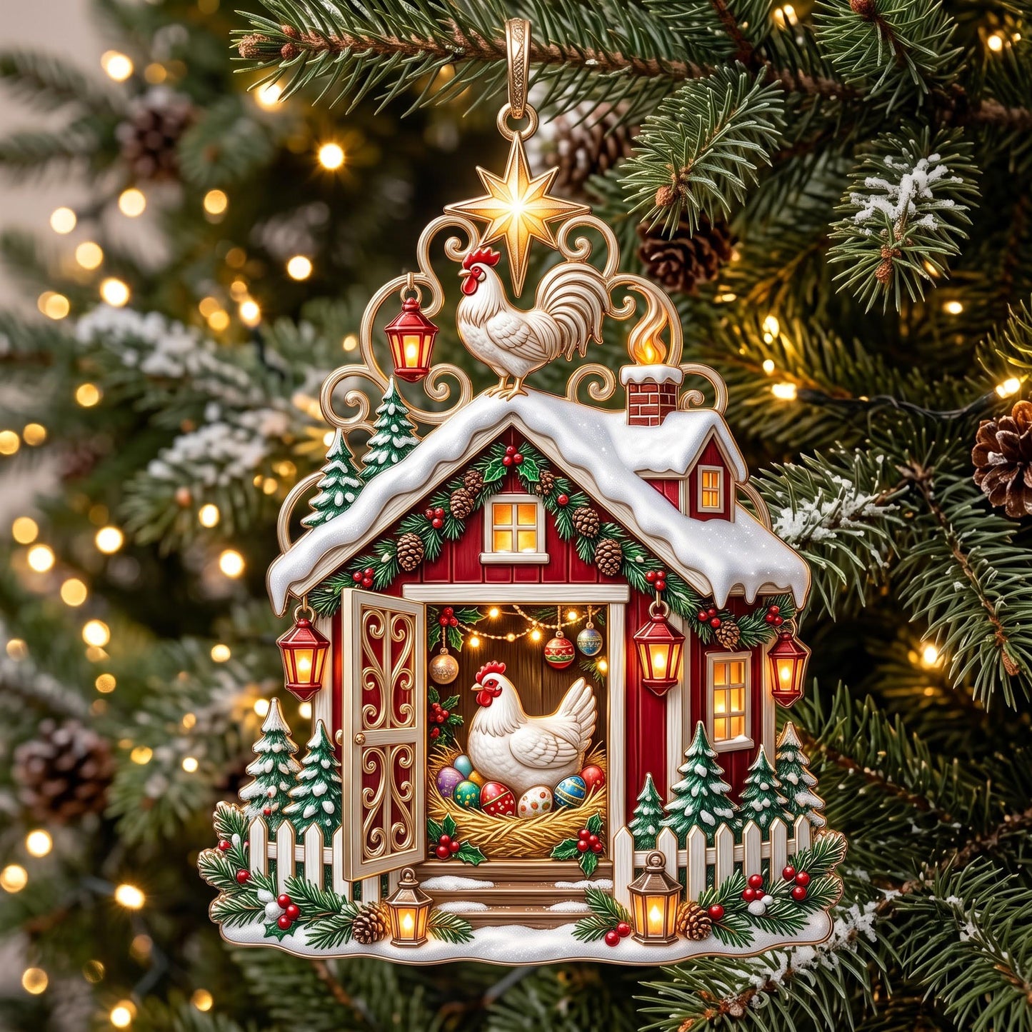 Chicken Cottage Christmas Mica Ornament GFTOMA13676