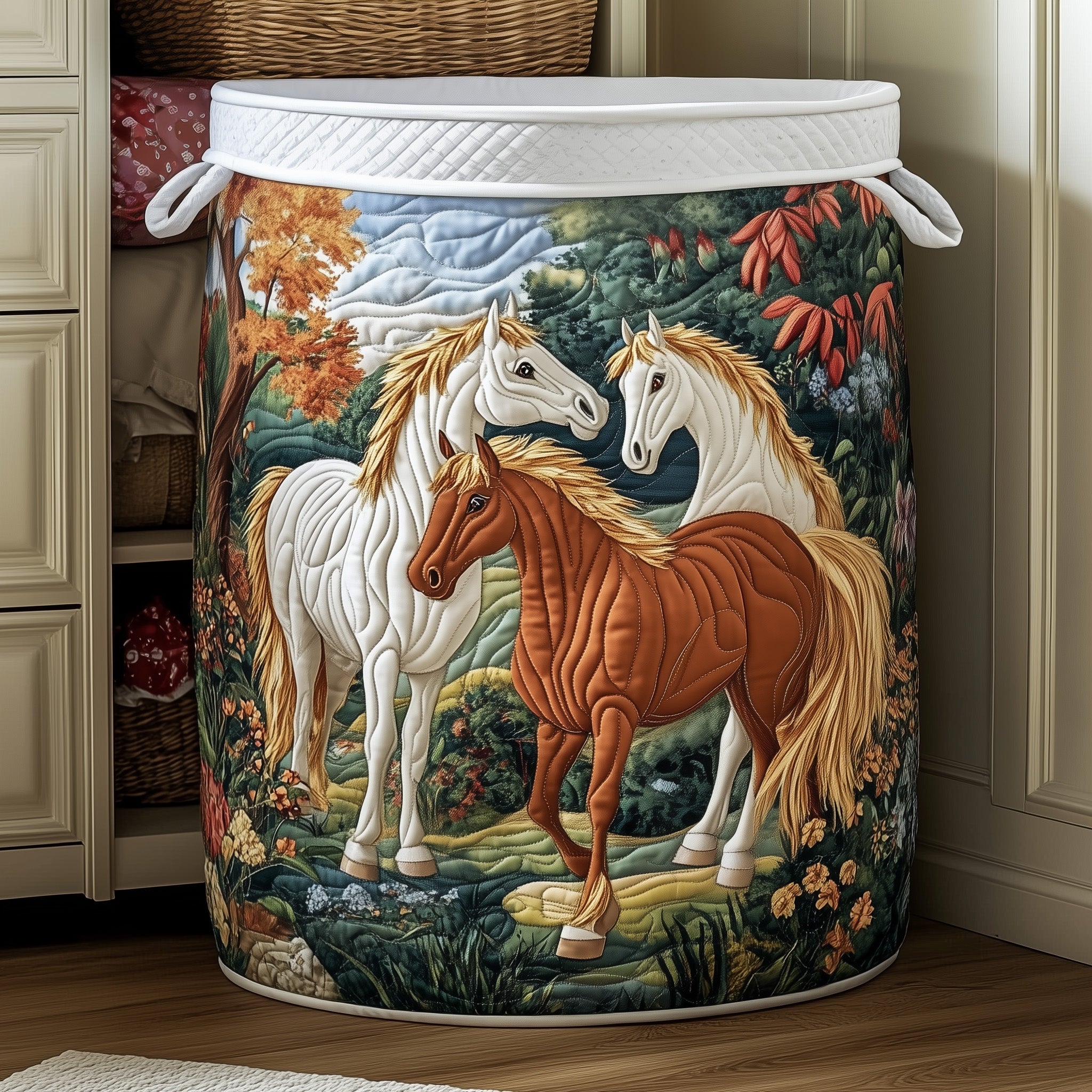 Horse Blossom Quilted Laundry Basket NCU0DDK753