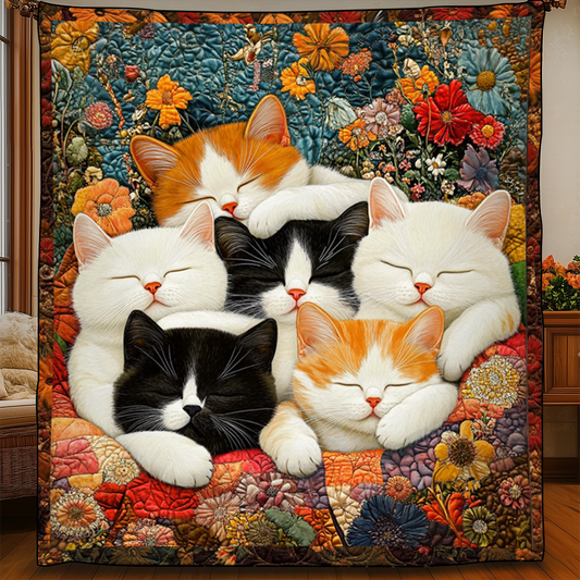 Adorable Cute Lazy Cat Floral Theme Quilted Blanket FCNL01