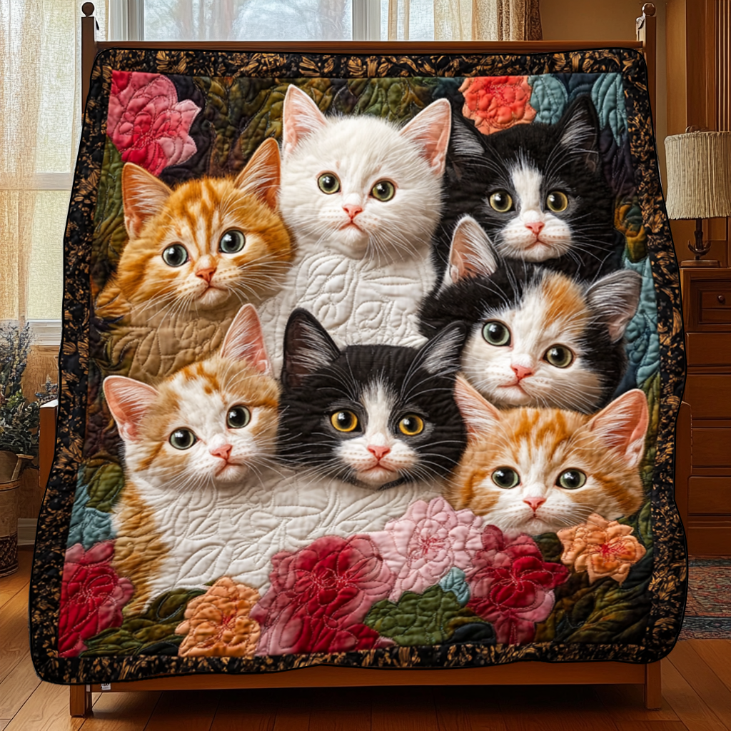 Adorable Cute Lazy Cat Floral Theme Quilted Blanket FCNL05