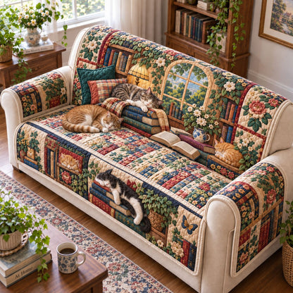 Cozy Cats And Chapters Quilted Sofa Cover GFTONTD2795