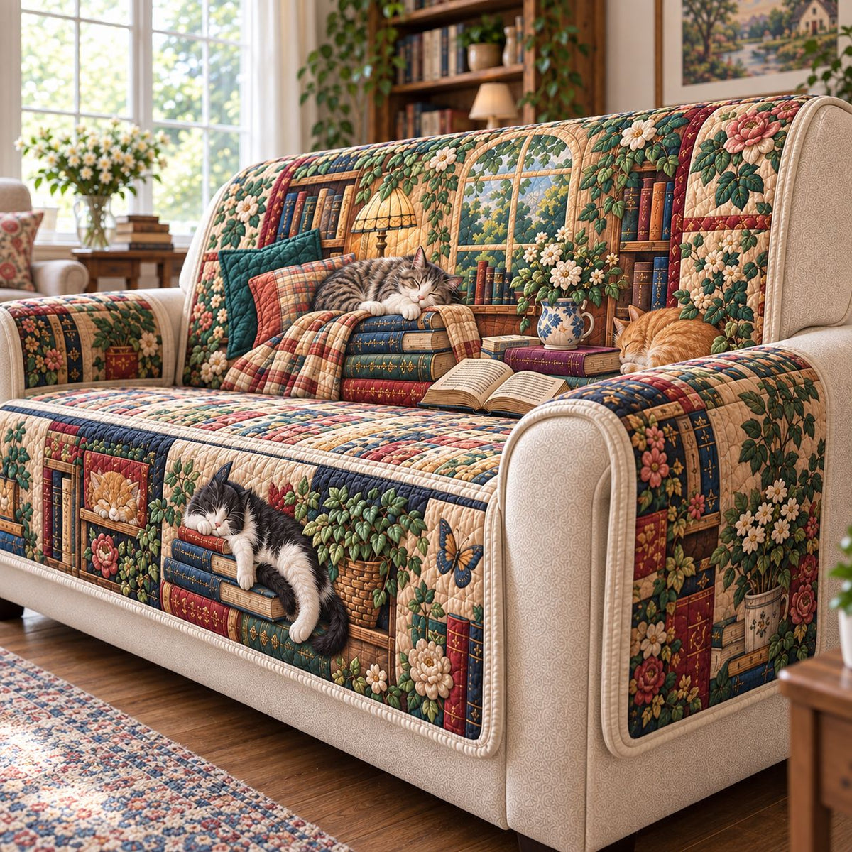 Cozy Cats And Chapters Quilted Sofa Cover GFTONTD2795