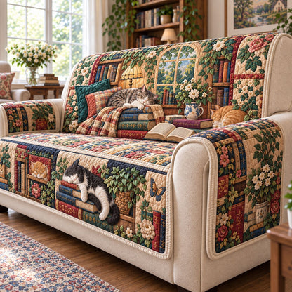 Cozy Cats And Chapters Quilted Sofa Cover GFTONTD2795