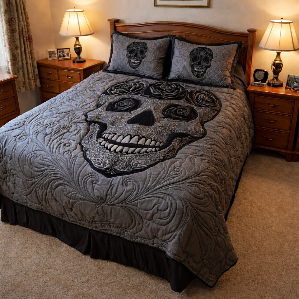 Black Rose Skull 3-Piece Quilted Bedding Set GFTOTP529