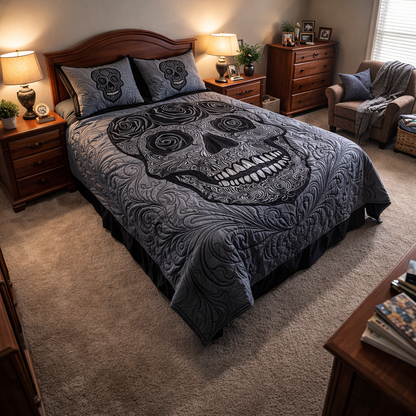 Black Rose Skull 3-Piece Quilted Bedding Set GFTOTP529