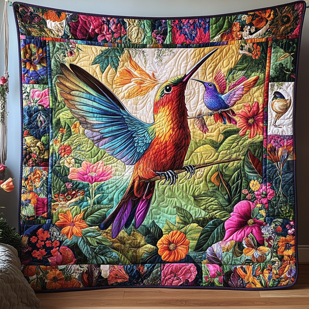 Floral Humming Bird Quilted Blanket FHMNL04