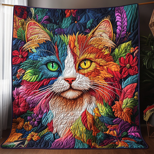Floral Vibrant Cat Quilted Blanket FCNL008