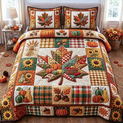 Plaid Harvest Leaf 3-Piece Quilted Bedding Set GDTONTD1049