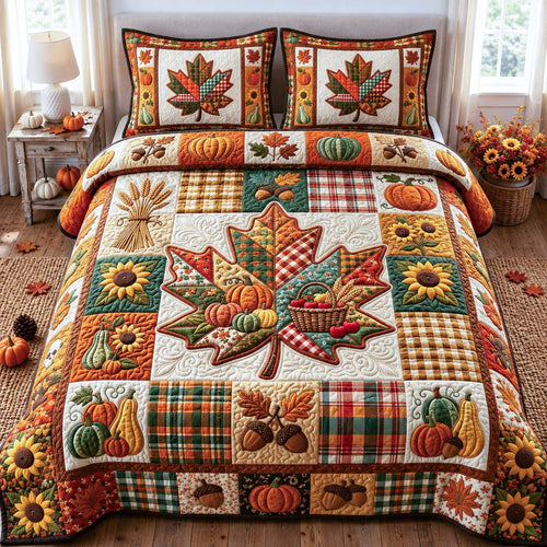 Plaid Harvest Leaf 3-Piece Quilted Bedding Set GDTONTD1049