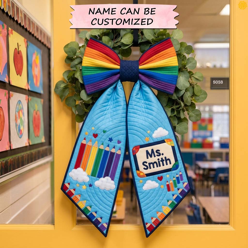 Rainbow Pencil Bow Quilted Wreath Sash QTCUZ GDTONTD1525