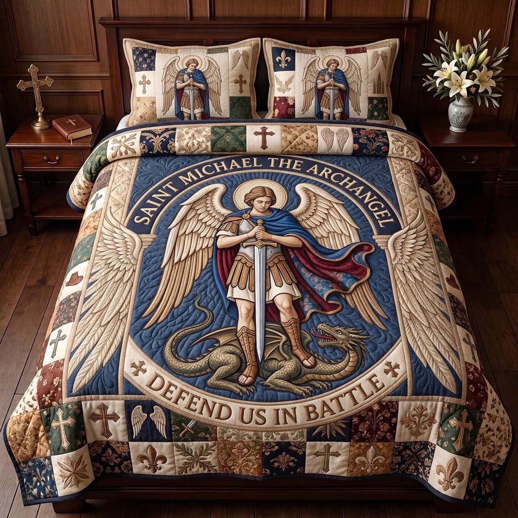 Saint Michael Defend Us 3-Piece Quilted Bedding Set GDTONTD1871