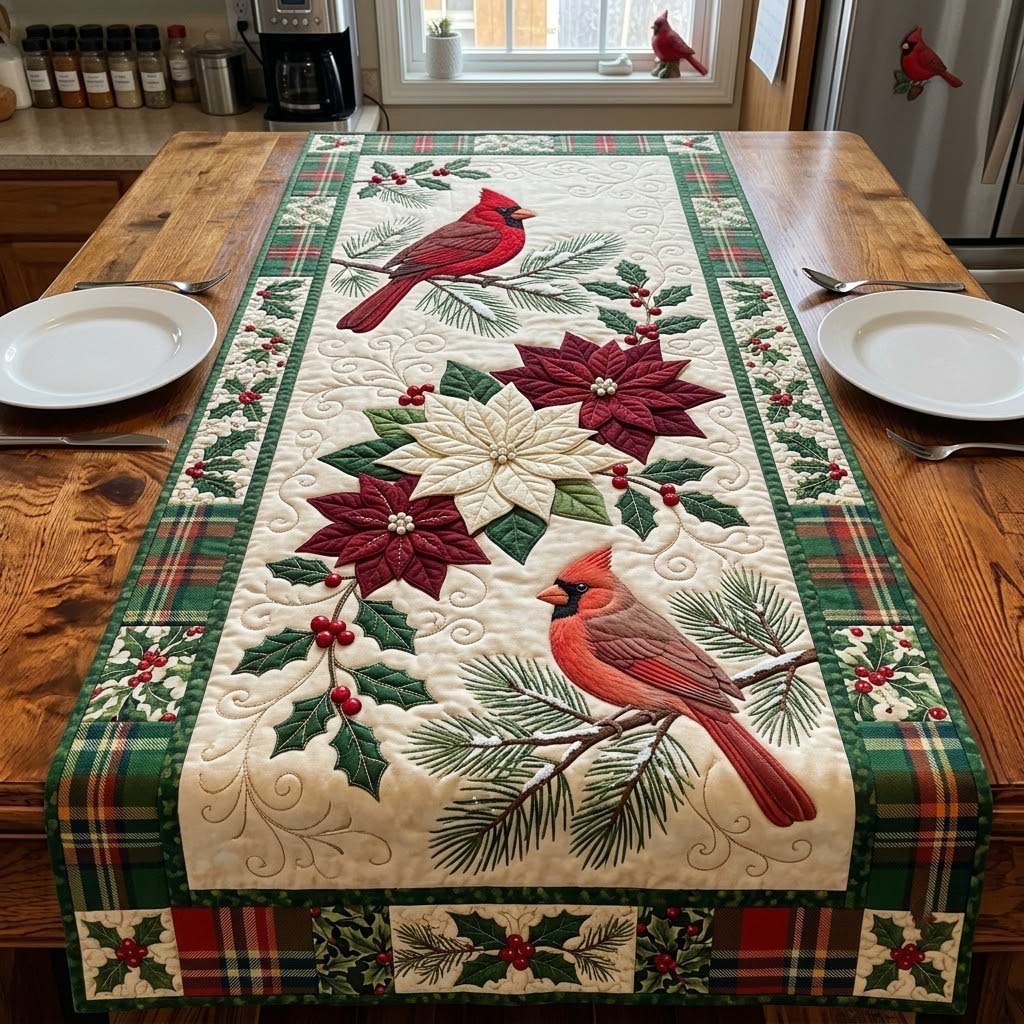 Twin Cardinal Christmas Garden Quilted Table Runner GDTONTD2083