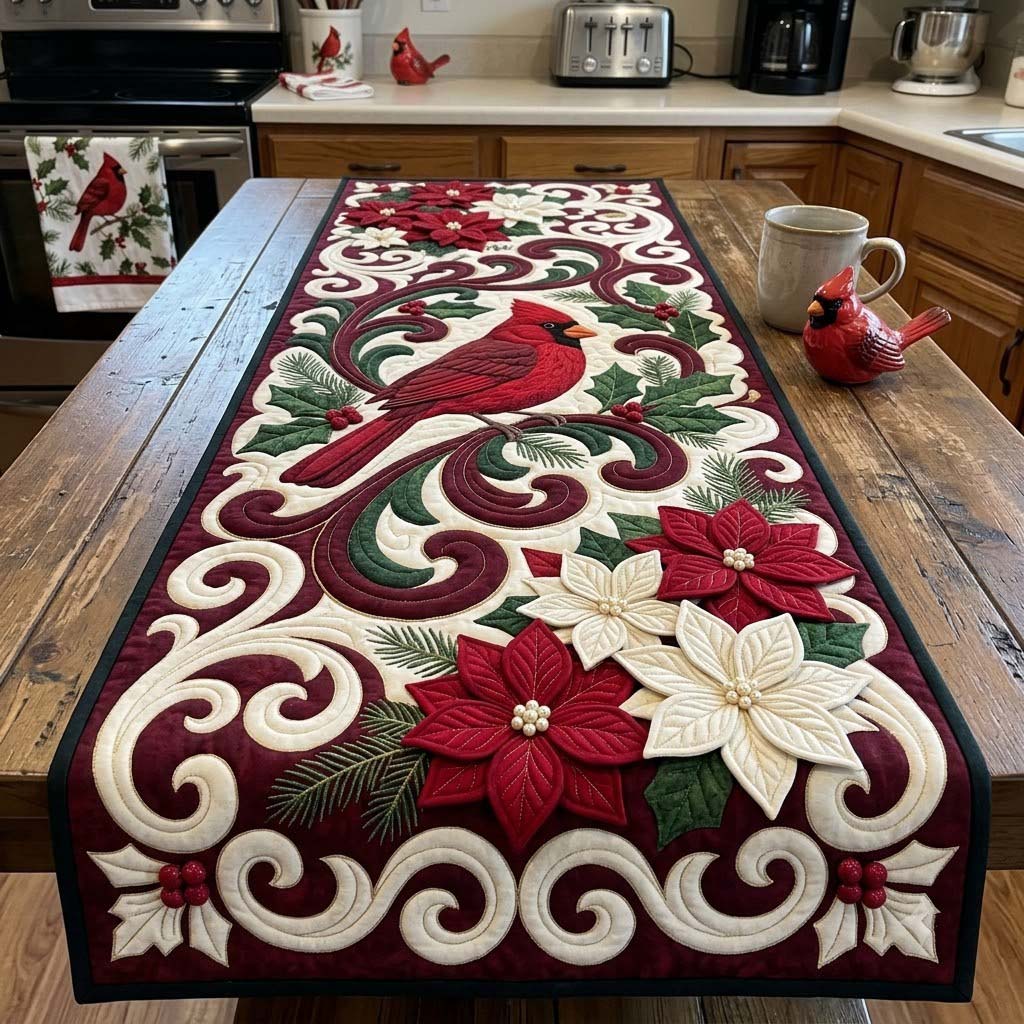 Cardinal Baroque Christmas Quilted Table Runner GDTONTD2085
