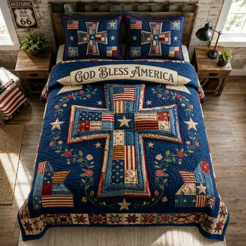 Patriotic Faith Cross 3-Piece Quilted Bedding Set GDTONTD550