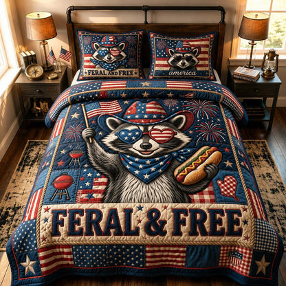 Patriotic Snack Raccoon 3-Piece Quilted Bedding Set GDTONTD820