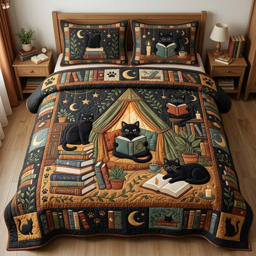Cozy Black Cat Reading Nook 3-Piece Quilted Bedding Set GDTONTD887