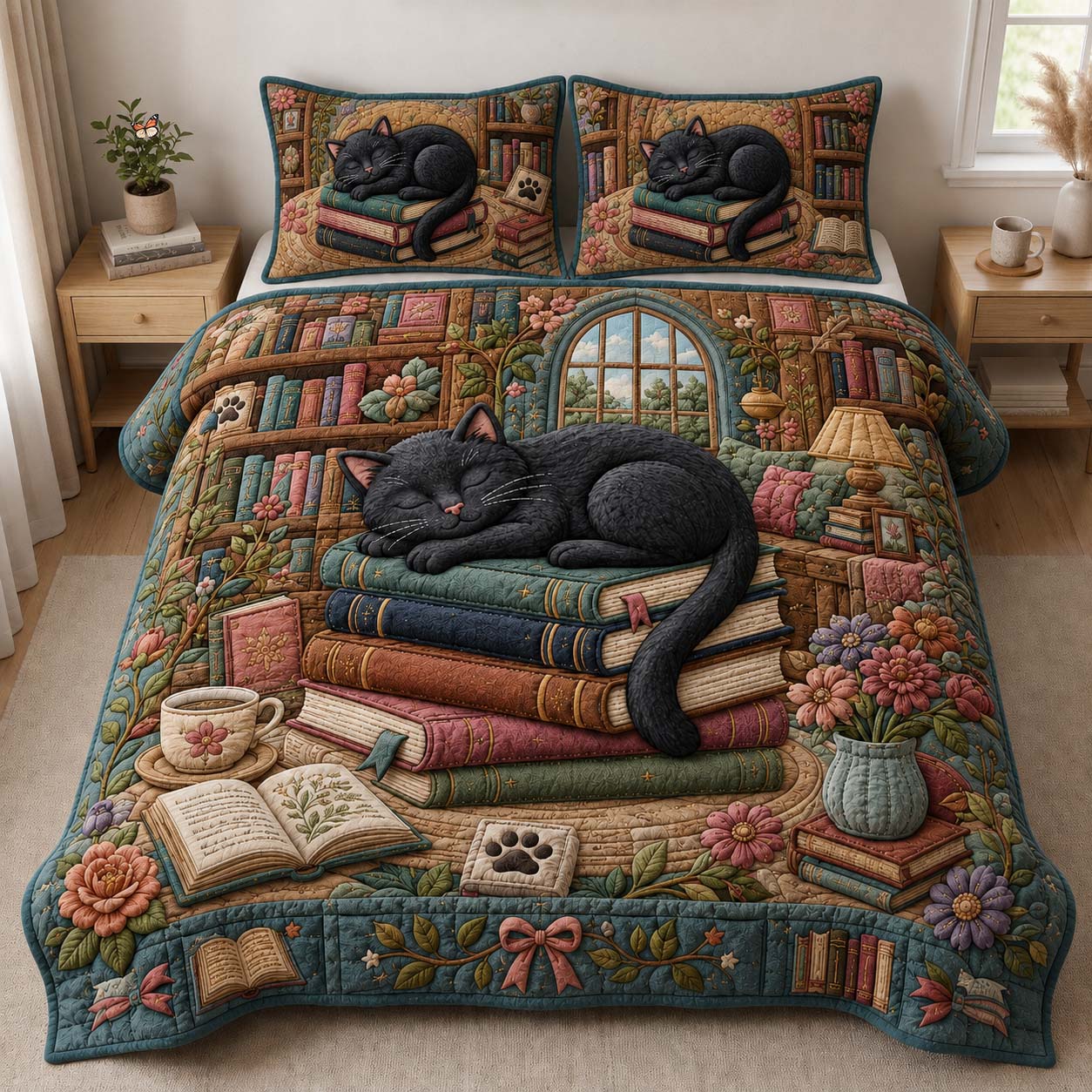 Moonlit Library Cat 3-Piece Quilted Bedding Set GDTONTD888