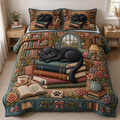 Moonlit Library Cat 3-Piece Quilted Bedding Set GDTONTD888