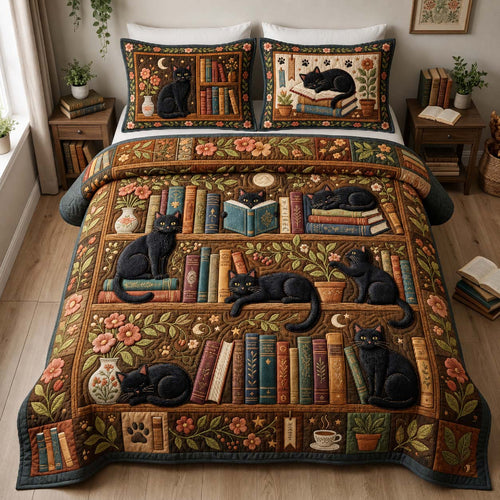 Black Cat Library Garden 3-Piece Quilted Bedding Set GDTONTD890