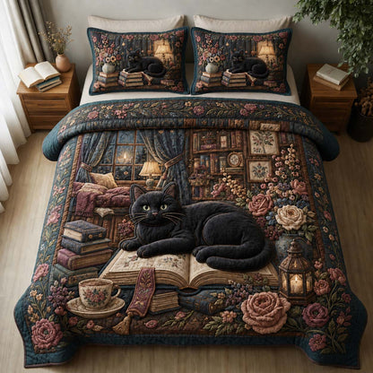 Cozy Midnight Reader Cat 3-Piece Quilted Bedding Set GDTONTD891