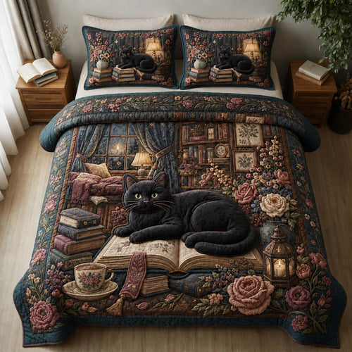 Cozy Midnight Reader Cat 3-Piece Quilted Bedding Set GDTONTD891