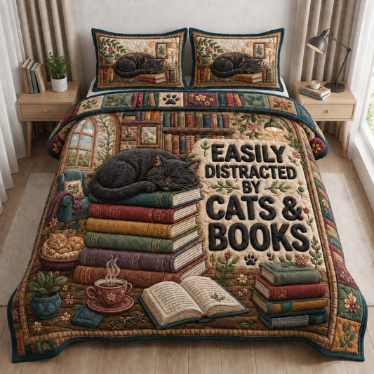 Easily Distracted By Cats & Books 3-Piece Quilted Bedding Set GDTONTD892