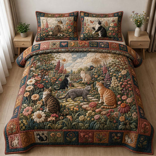 Whimsical Cat Flower Garden 3-Piece Quilted Bedding Set GDTONTD894