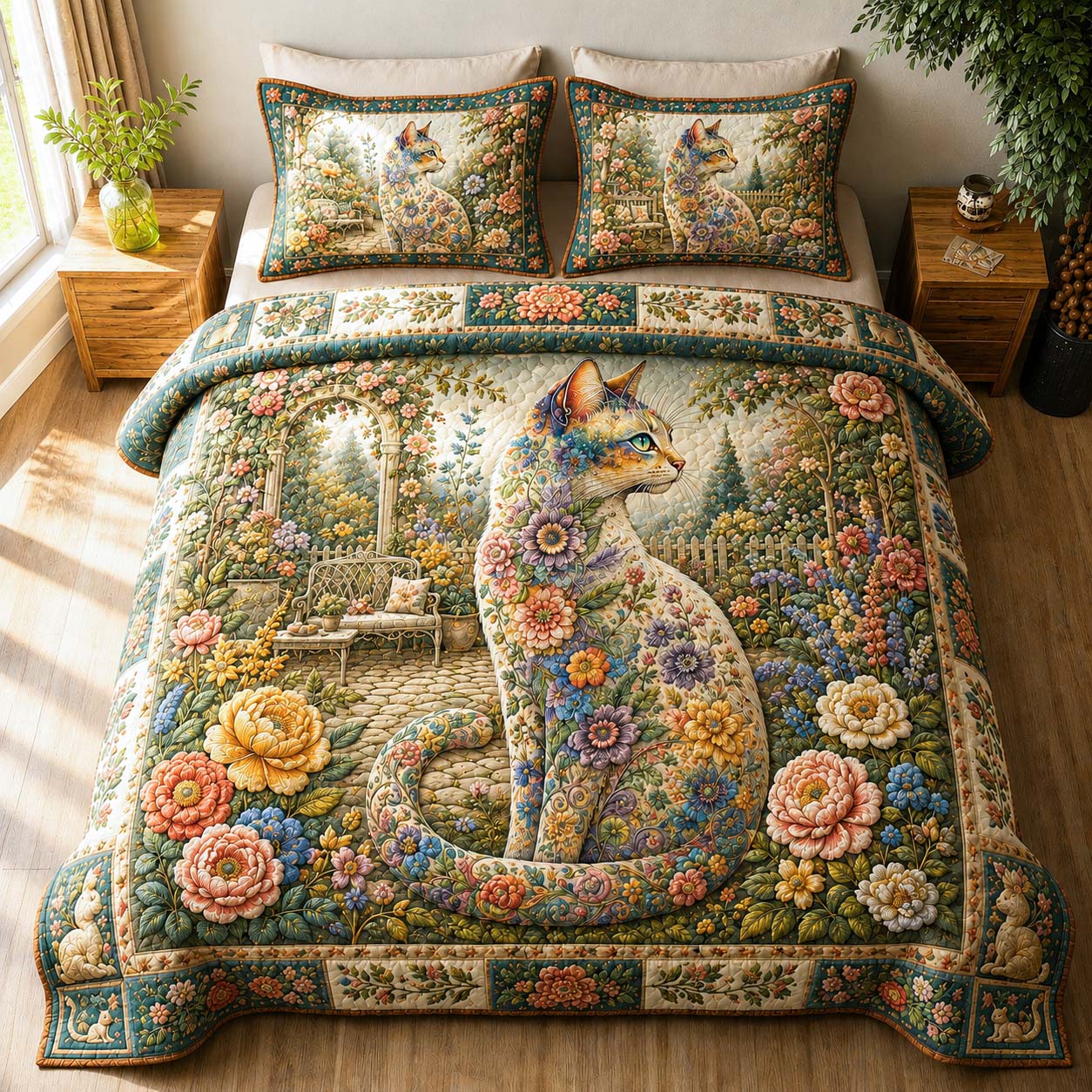 Blooming Garden Cat Portrait 3-Piece Quilted Bedding Set GDTONTD896