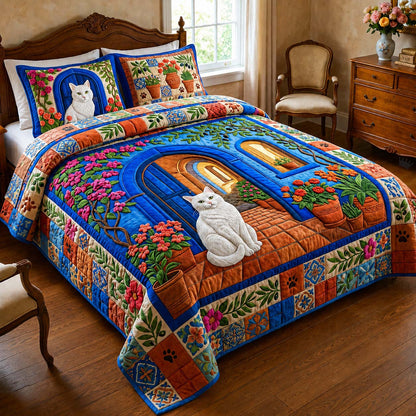 Blue Garden Cat 3-Piece Quilted Bedding Set GDTONTD915