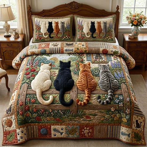 Garden Fence Cats 3-Piece Quilted Bedding Set GDTONTD916