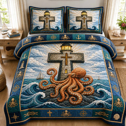 Golden Octopus Beacon 3-Piece Quilted Bedding Set GDTONTD919