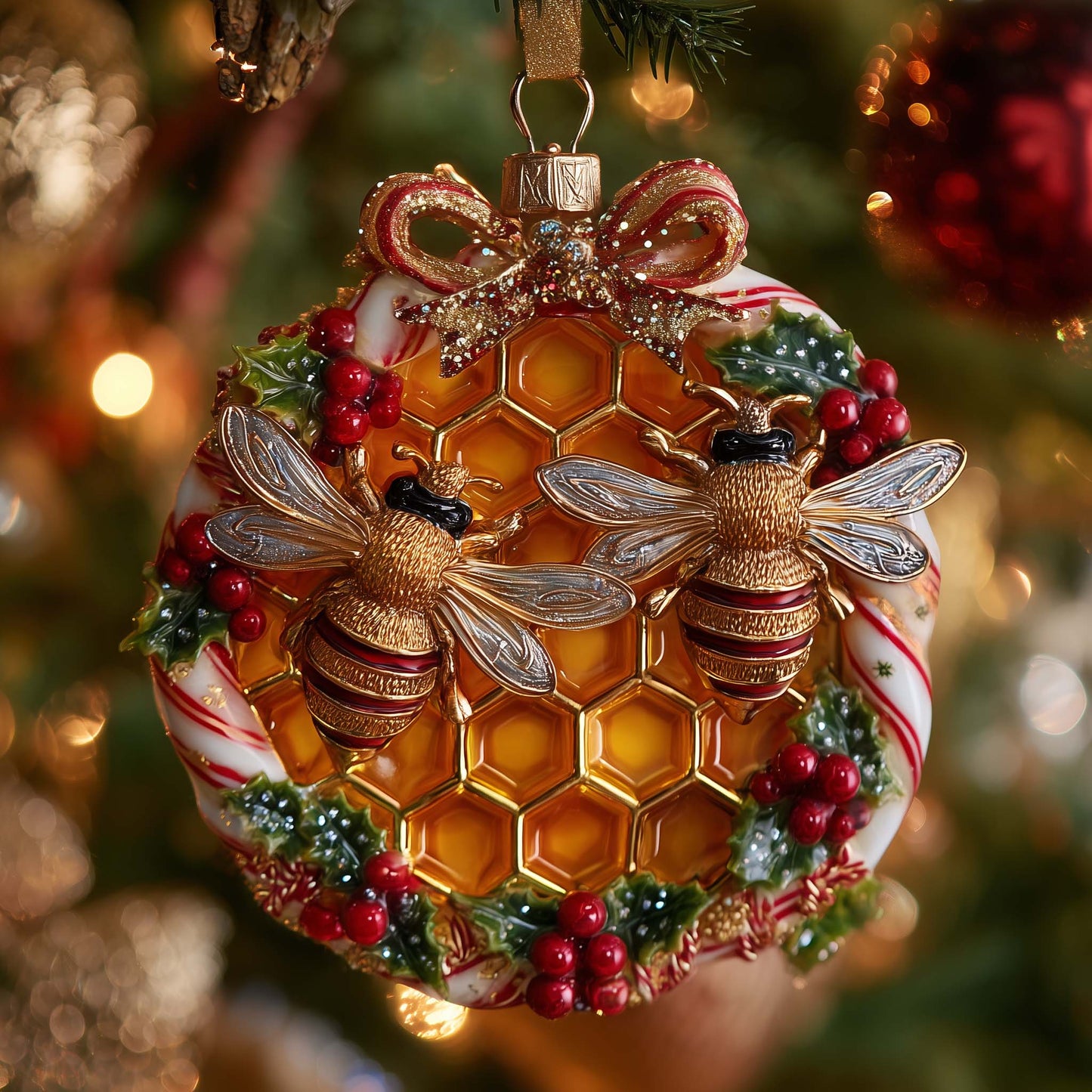 Golden Hive Bee Christmas Mica Ornament GFSPHD118