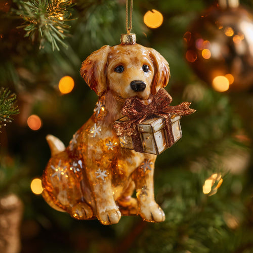 Golden Pup Surprise Christmas Mica Ornament GFSPQA06