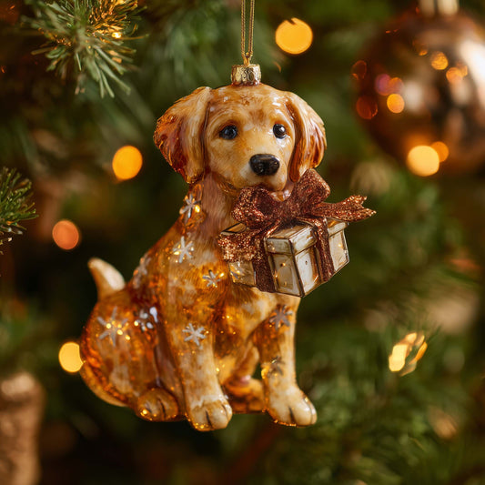Golden Pup Surprise Christmas Mica Ornament GFSPQA06
