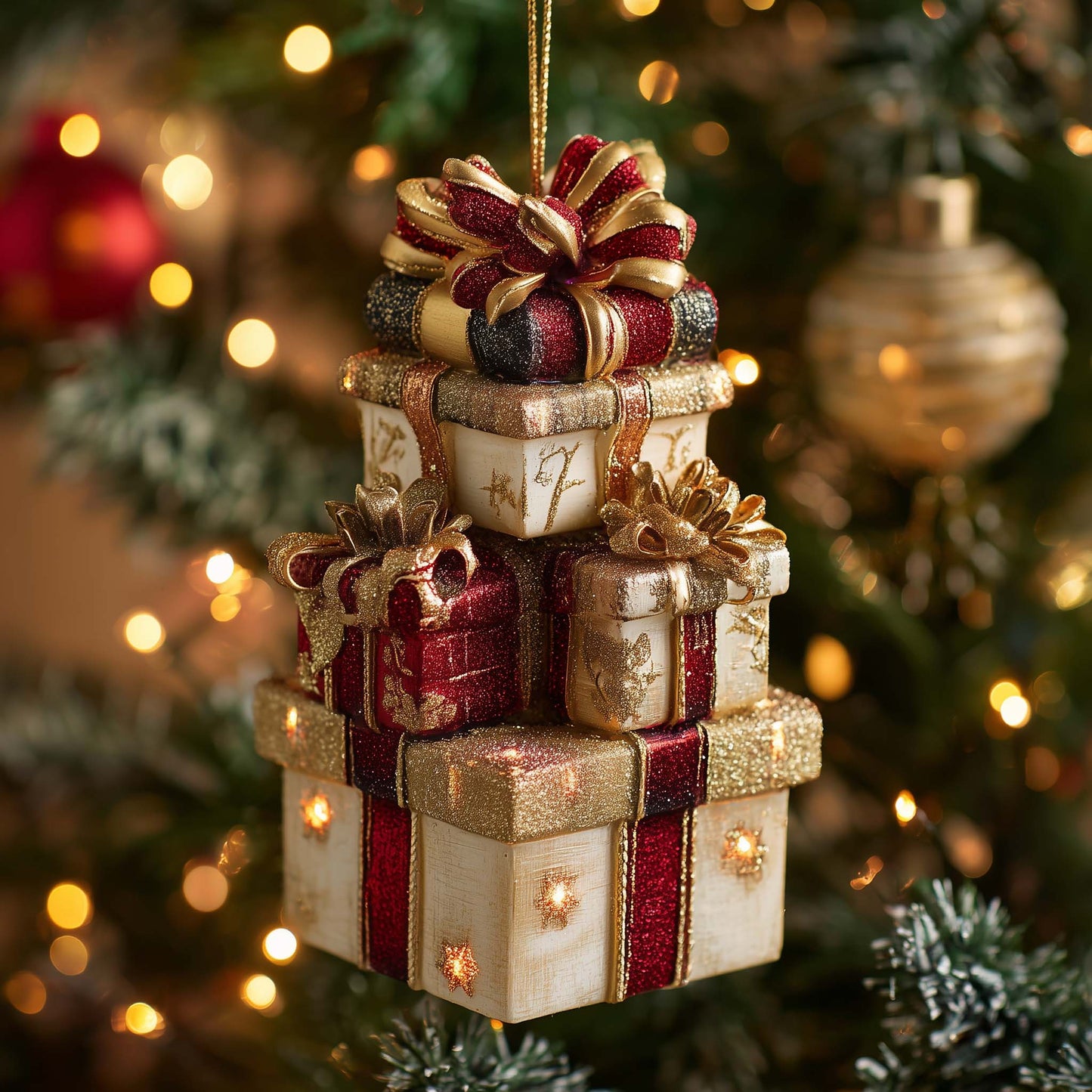 Golden Gift Tower Christmas Mica Ornament GFSPQA17