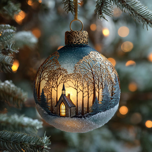Golden Woodland Chapel Globe Christmas Mica Ornament GFSPQA42