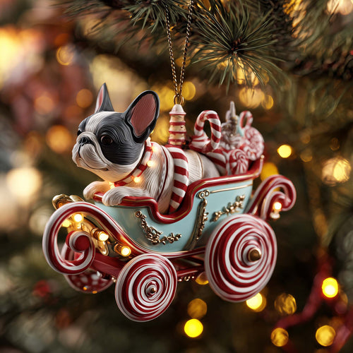 Frenchie Candy Carriage Ride Christmas Mica Ornament GFSPQA67