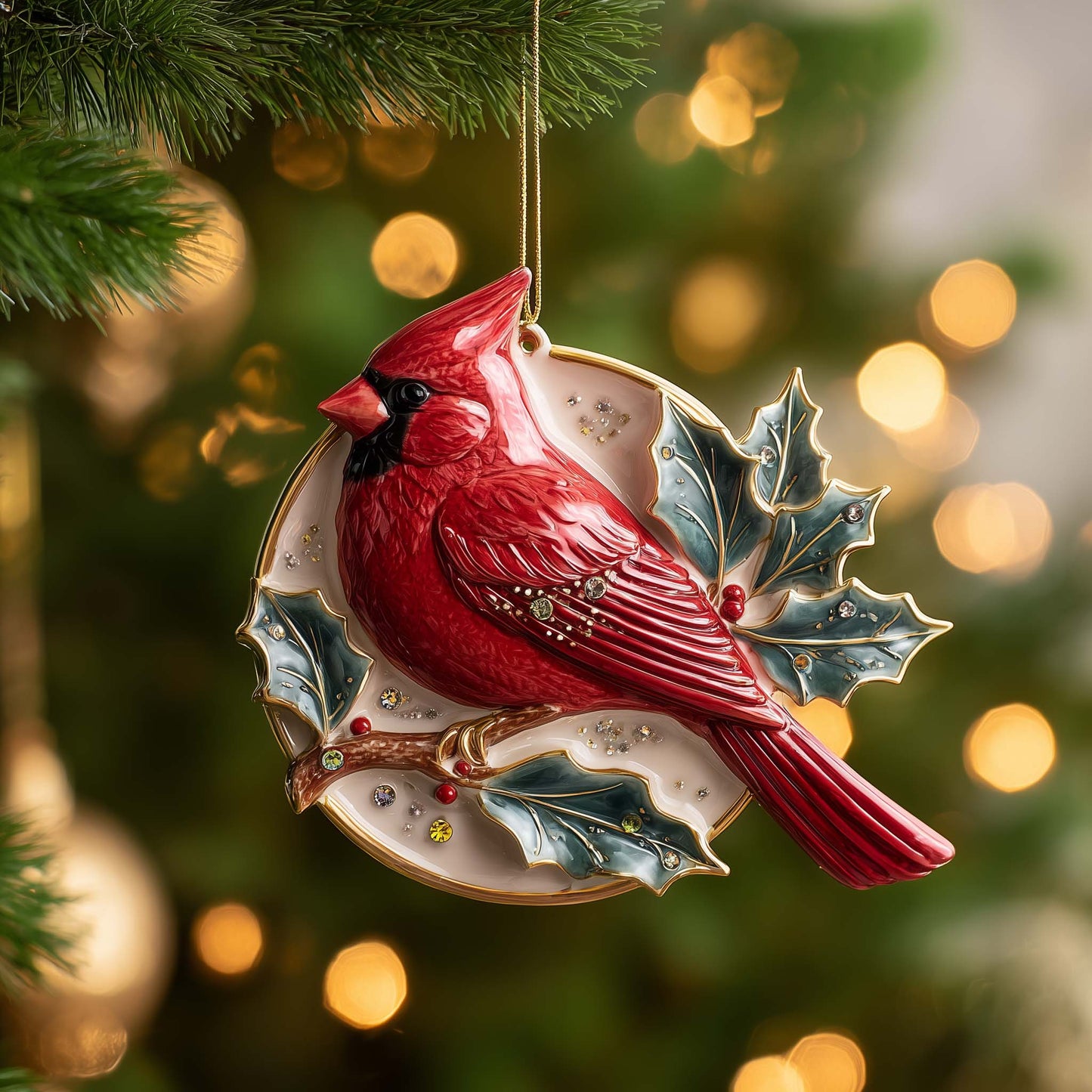 Holly Cardinal Christmas Mica Ornament GFSPQM111