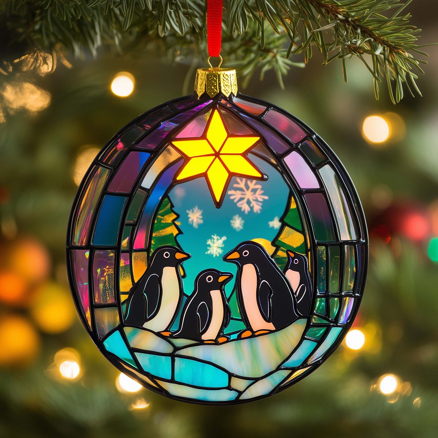 Stained Penguins Christmas Mica Ornament GFSPQM135