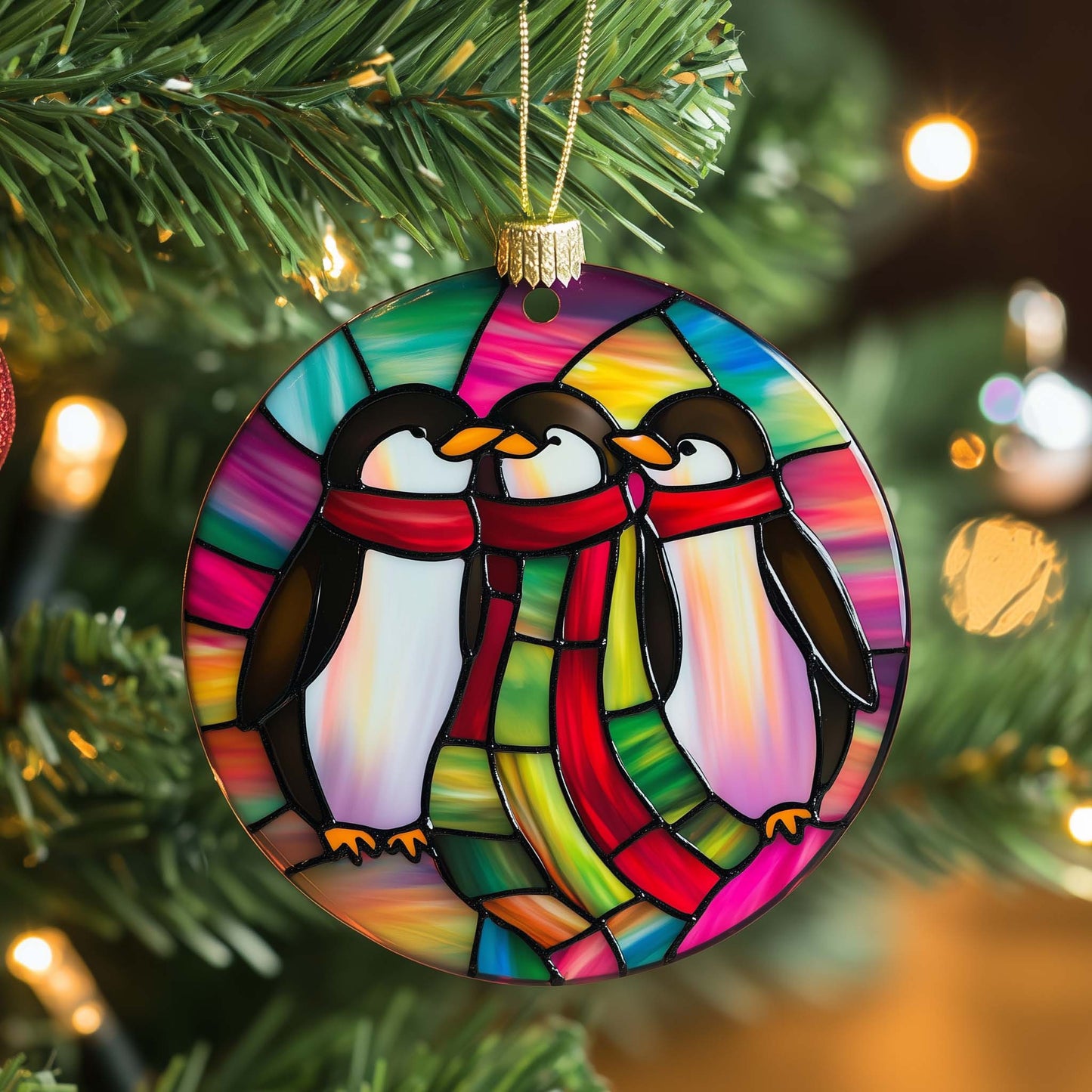 Stained Penguins Christmas Mica Ornament GFSPQM138