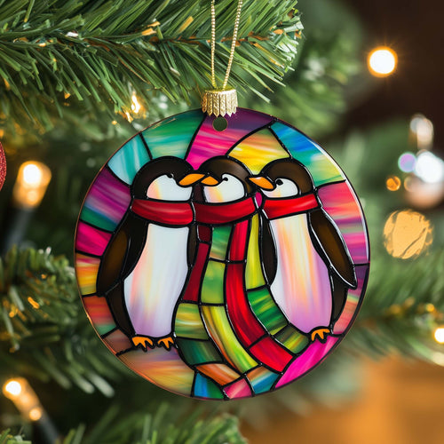 Stained Penguins Christmas Mica Ornament GFSPQM138