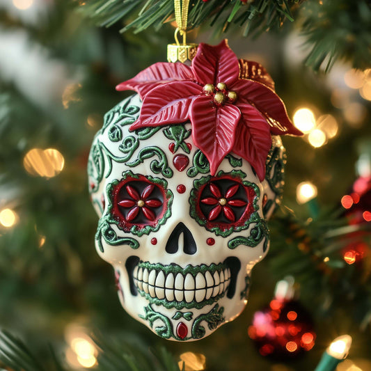 Poinsettia Skull Christmas Mica Ornament GFSPQM199