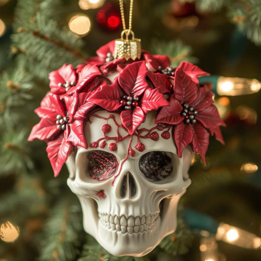 Poinsettia Skull Christmas Mica Ornament GFSPQM202