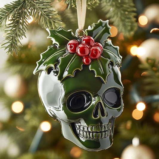 Holly Skull Christmas Mica Ornament GFSPQM207