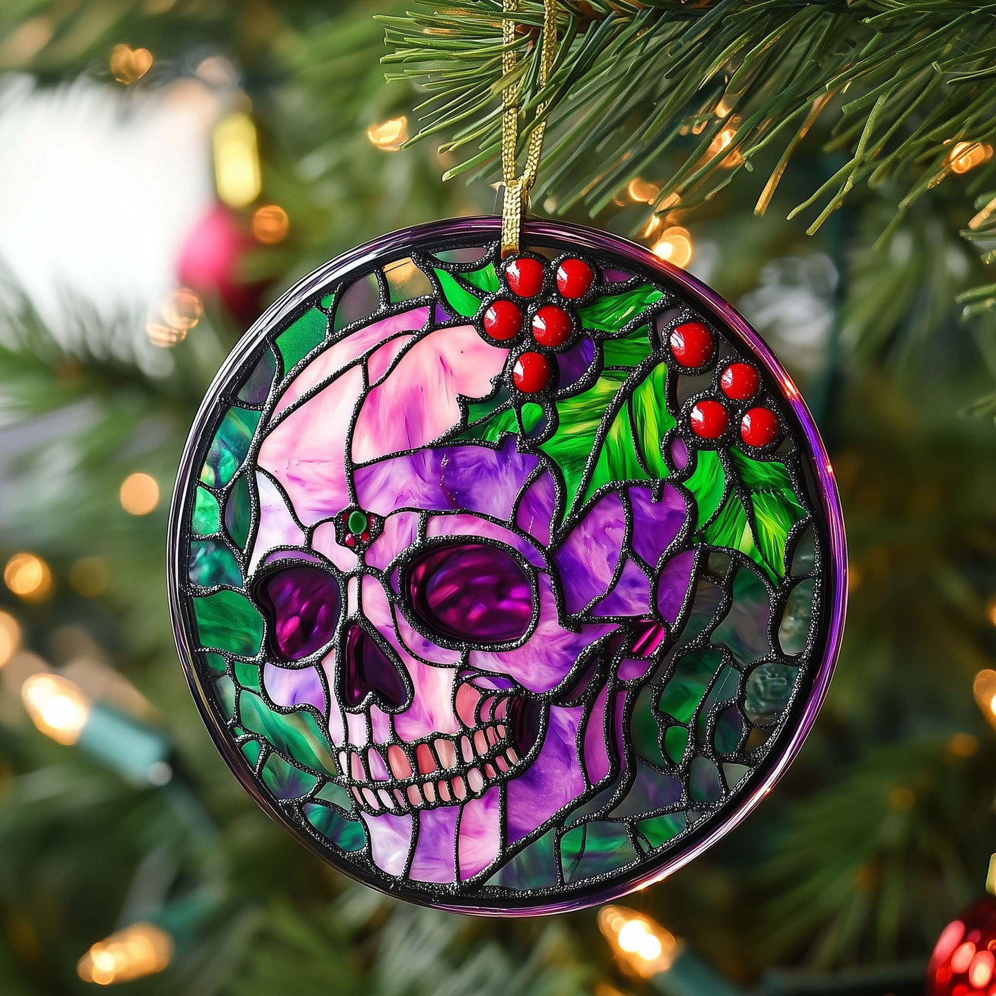 Holly Skull Christmas Mica Ornament GFSPQM214