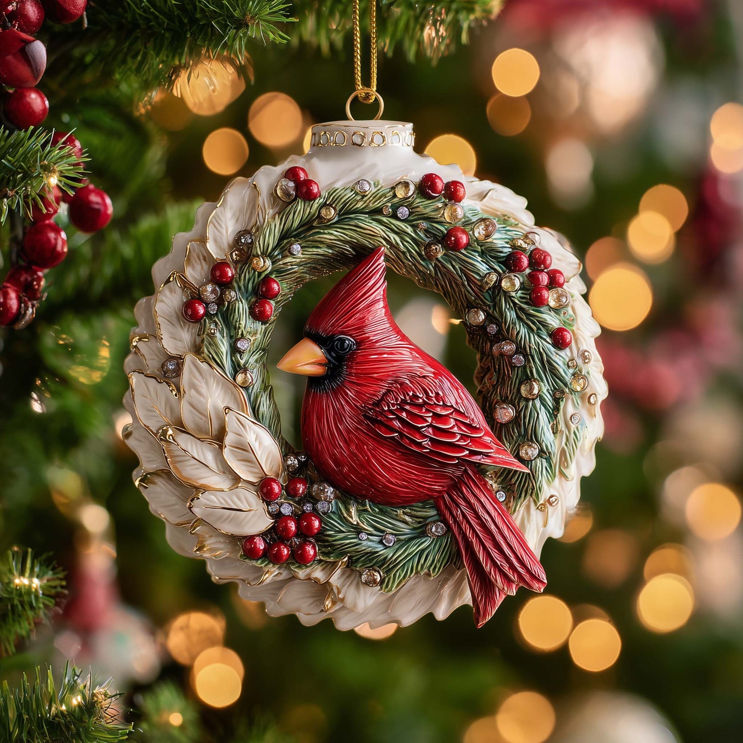 Wreath Cardinal Christmas Mica Ornament GFSPQM348